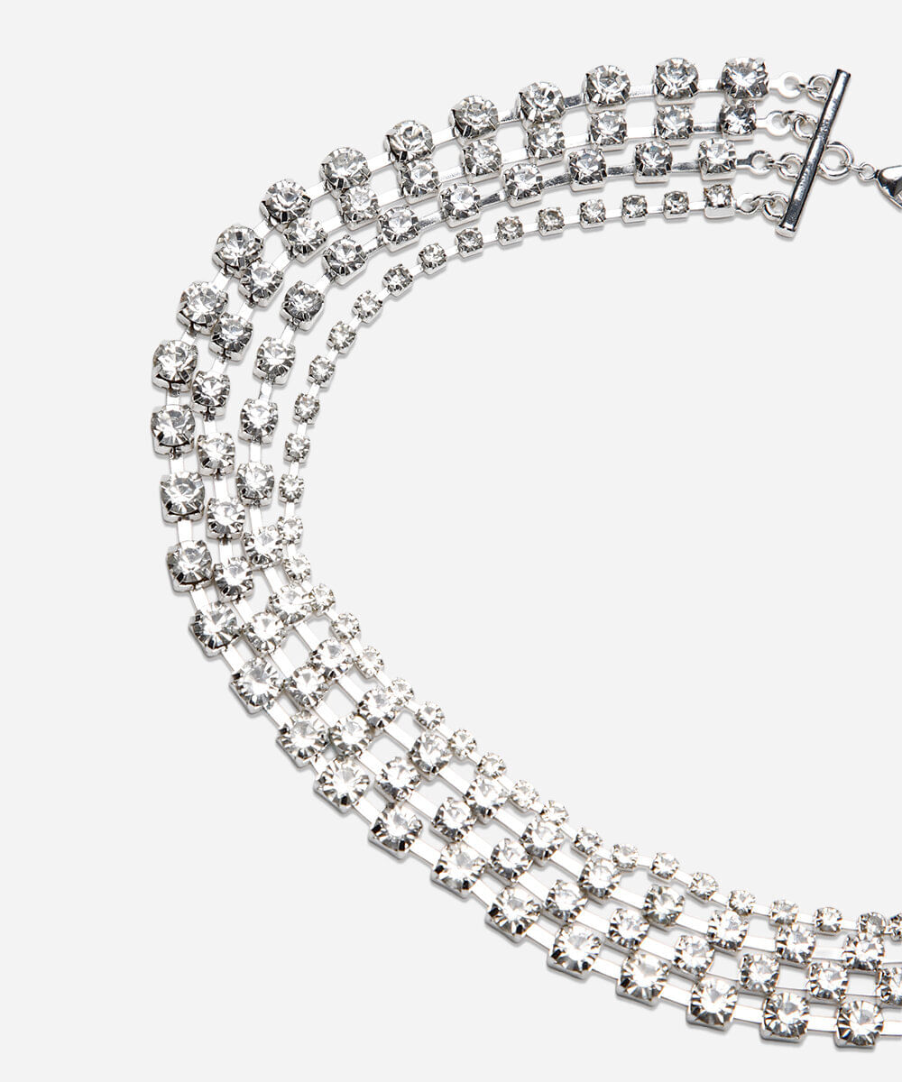 colar feminino de strass em camadas prateado