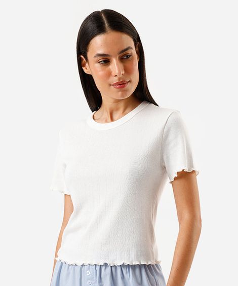 camiseta de pijama feminina avulsa canelada frufru off white