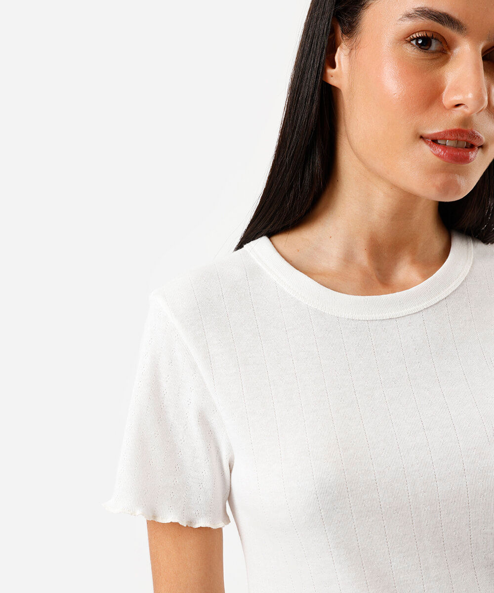 camiseta de pijama feminina avulsa canelada frufru off white