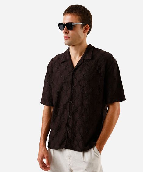 camisa masculina jacquard bordada marrom