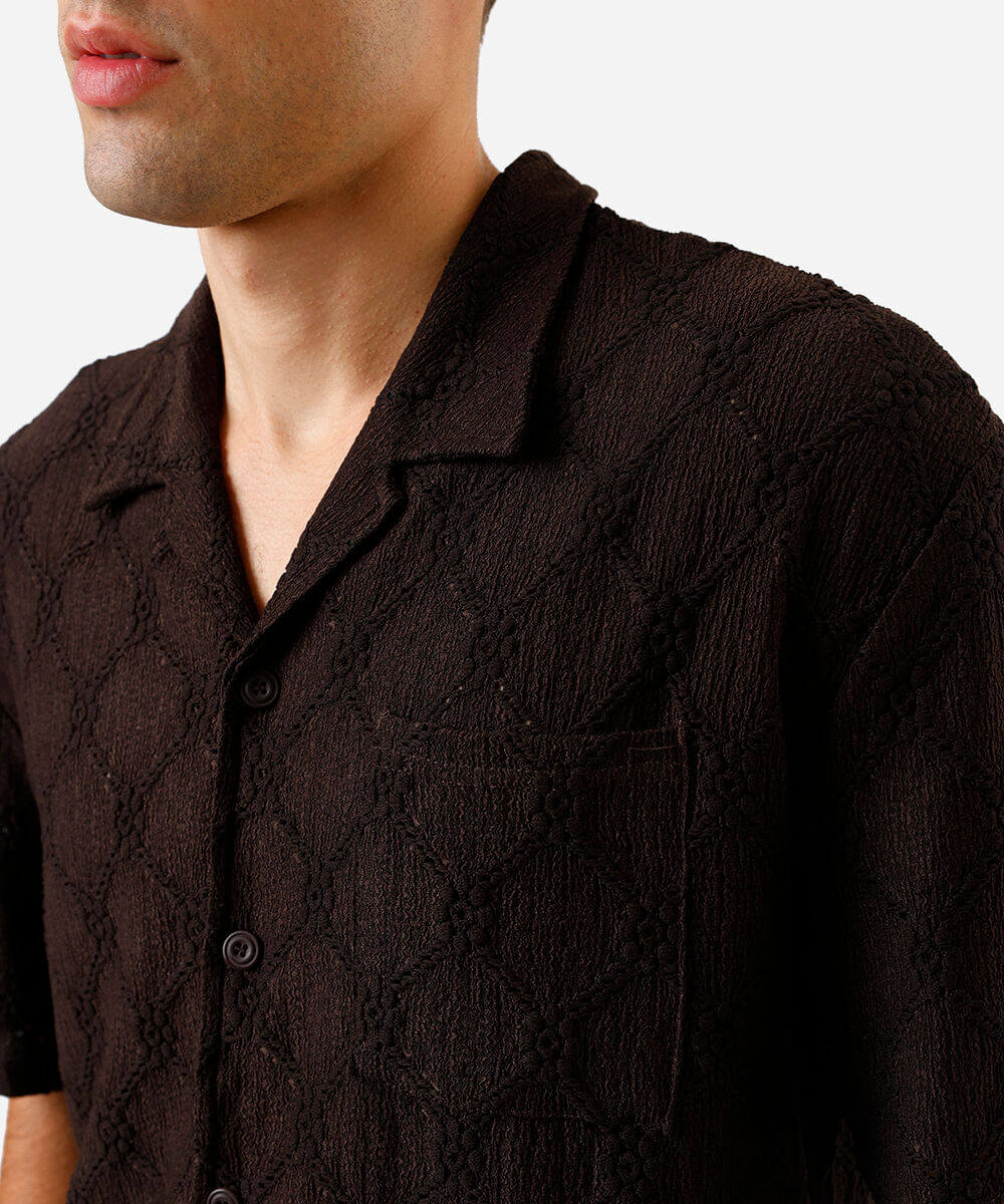 camisa masculina jacquard bordada marrom