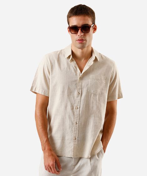 camisa comfort masculina com linho manga curta bege