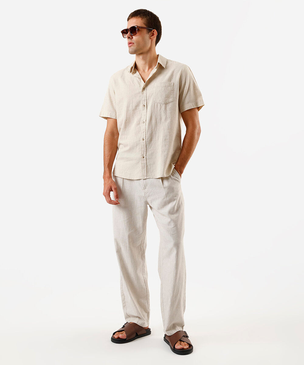 camisa comfort masculina com linho manga curta bege