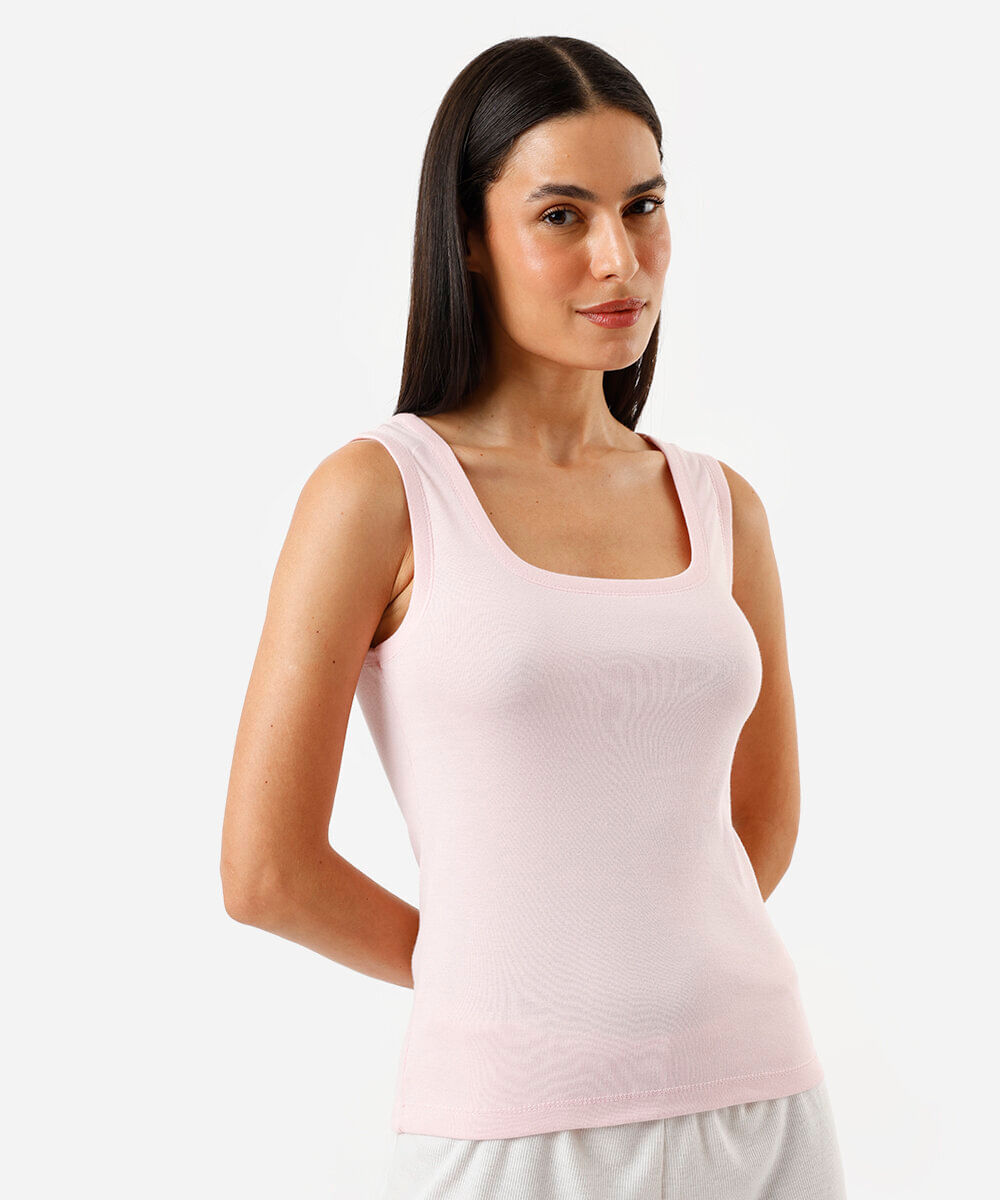 regata de pijama em algodão decote quadrado rosa