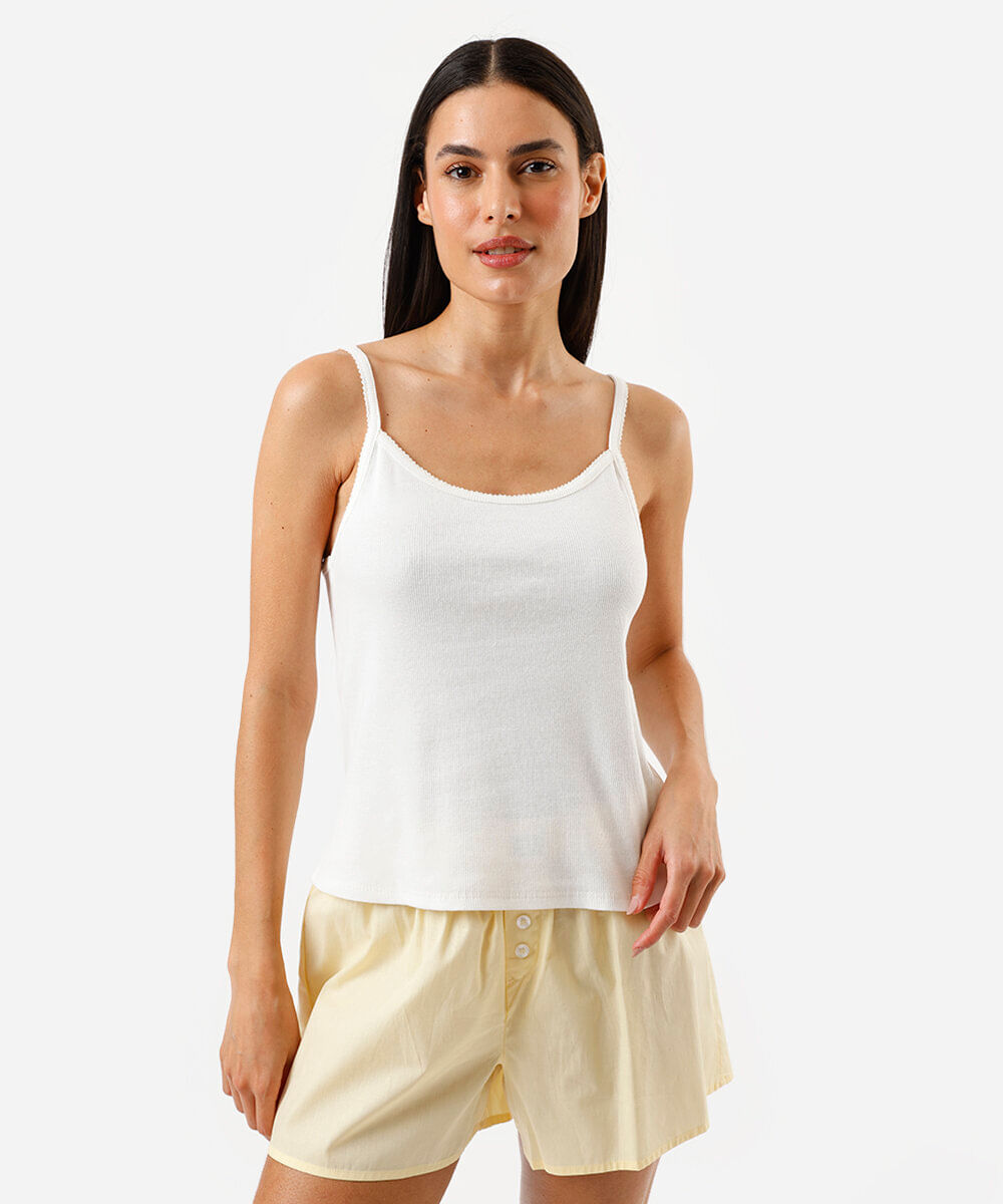regata de pijama feminina com algodão alça fina canelada off white