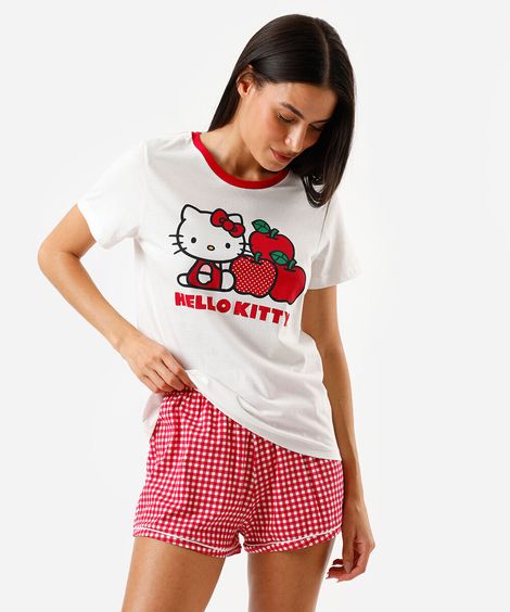 pijama short doll feminino de algodão hello kitty xadrez vermelho