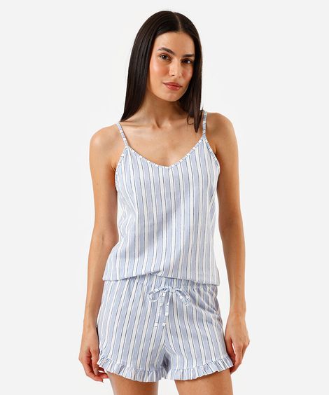 pijama short doll feminino de algodão listrado azul