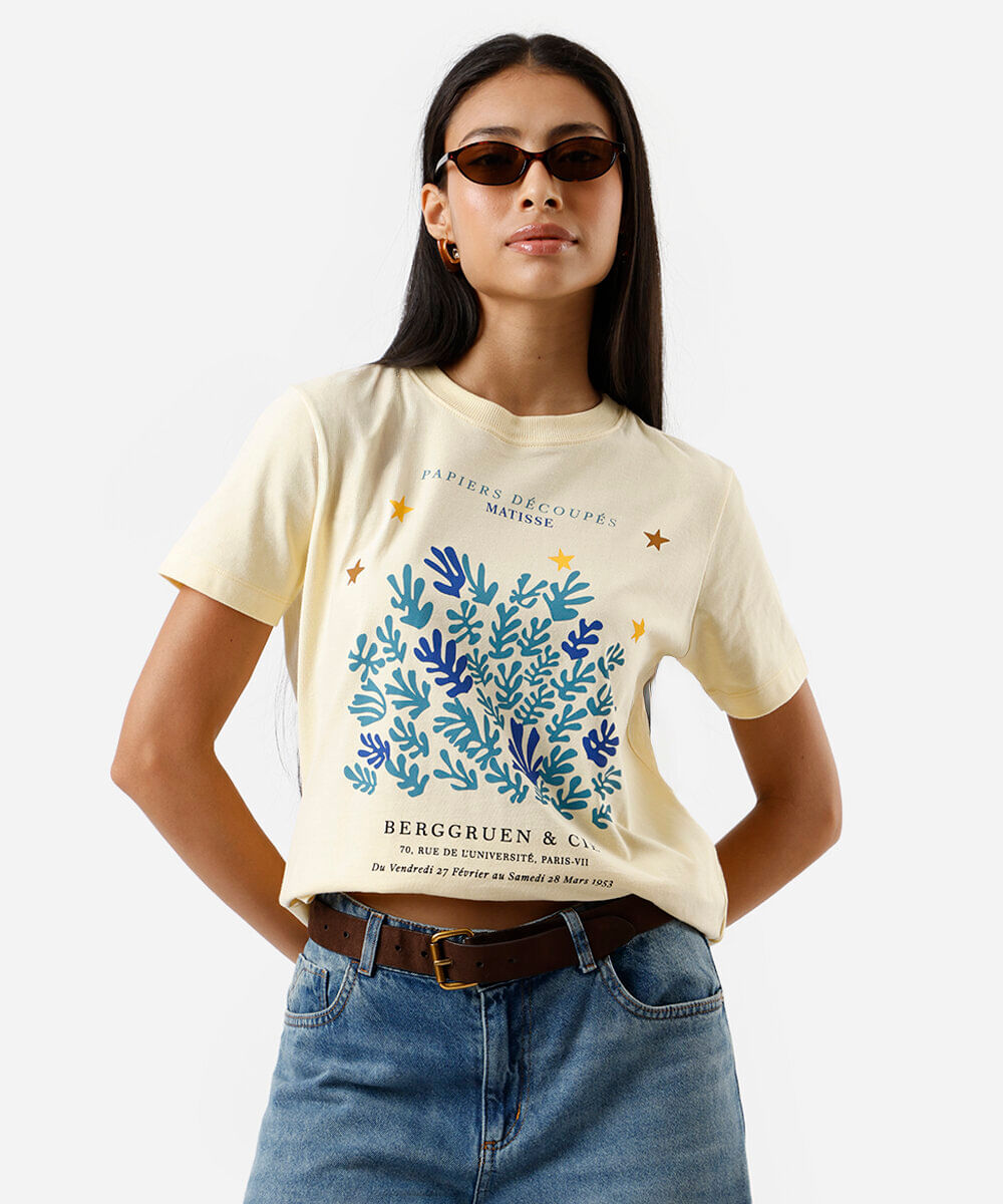 camiseta feminina de algodão estampada matisse amarela