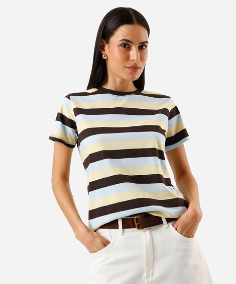 camiseta feminina de algodão listrada colorida