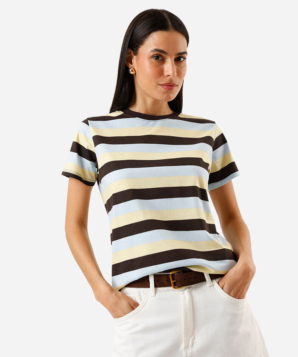 camiseta feminina de algodão listrada colorida