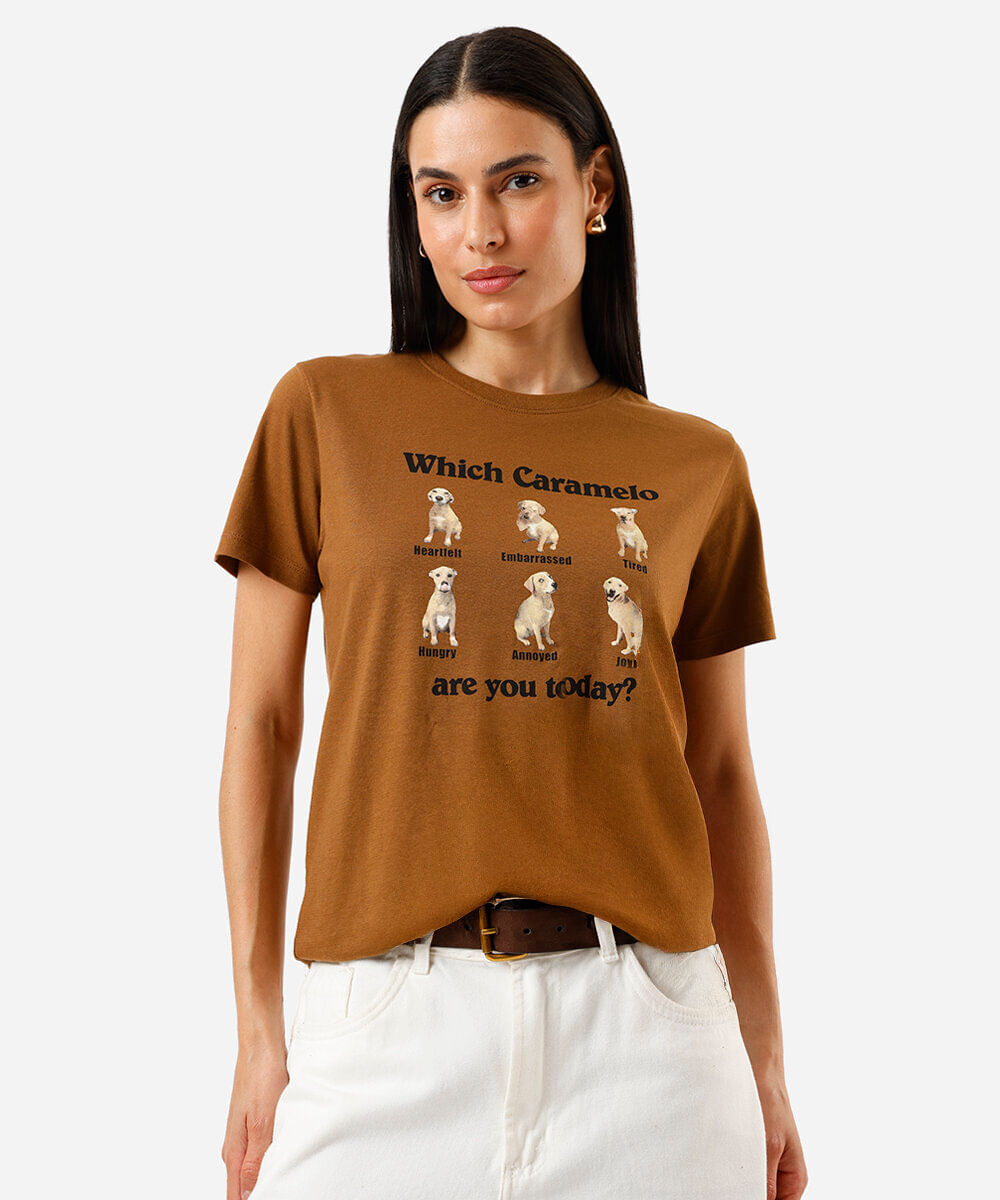 camiseta feminina de algodão cachorro caramelo marrom