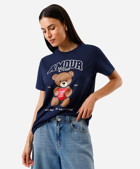 camiseta feminina de algodão estampada azul