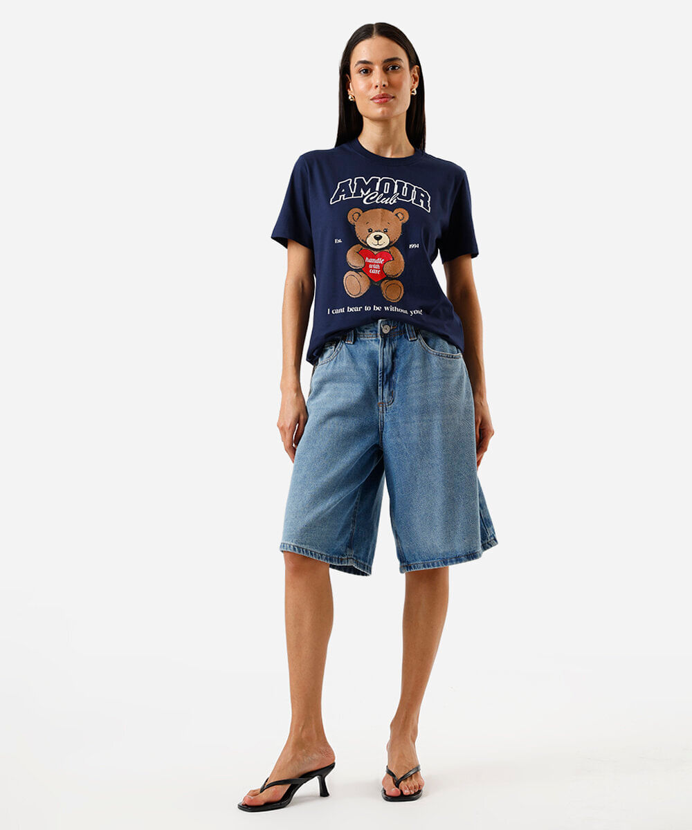 camiseta feminina de algodão estampada azul
