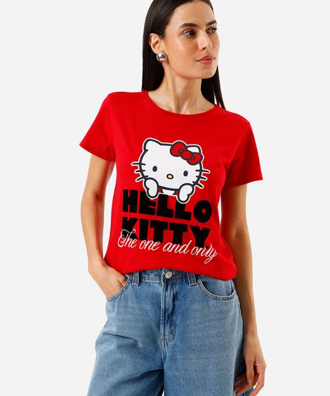camiseta feminina de algodão hello kitty vermelha