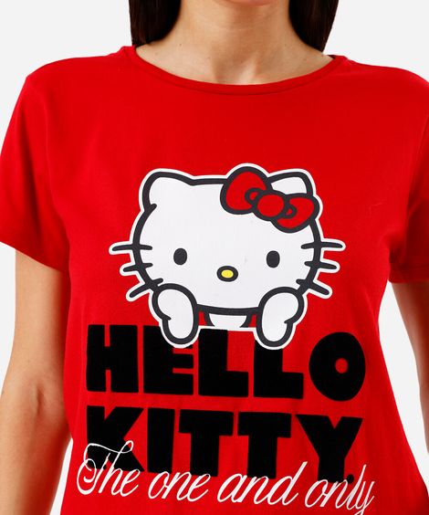 camiseta feminina de algodão hello kitty vermelha