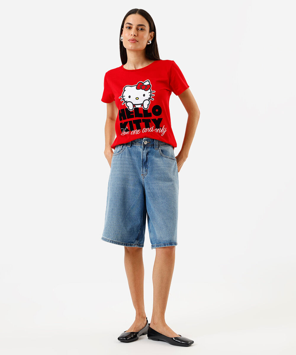 camiseta feminina de algodão hello kitty vermelha