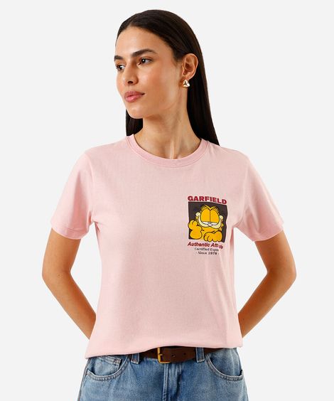 camiseta feminina de algodão garfield rosa