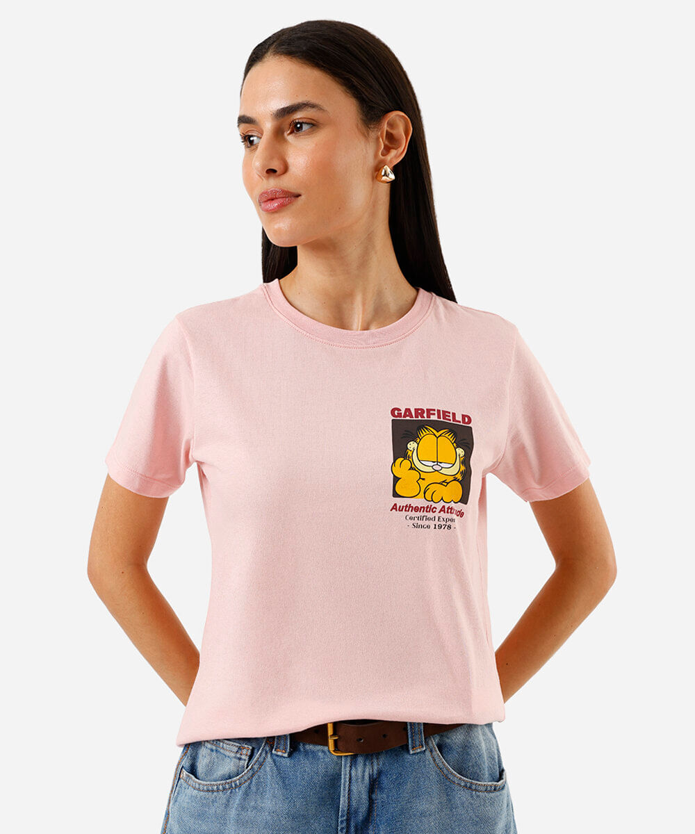 camiseta feminina de algodão garfield rosa