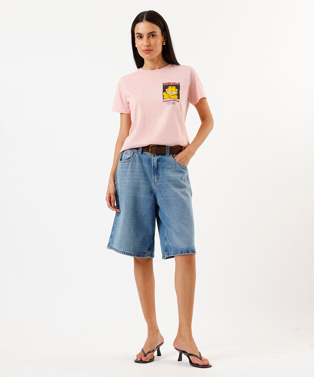 camiseta feminina de algodão garfield rosa