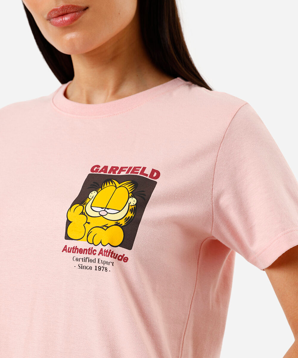 camiseta feminina de algodão garfield rosa