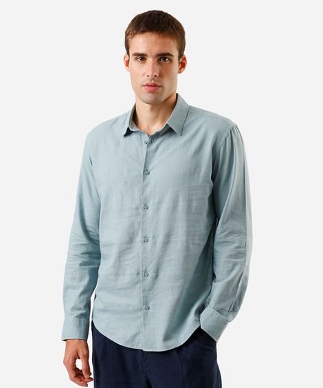 camisa masculina com linho manga longa azul