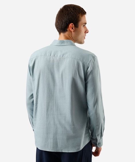 camisa masculina com linho manga longa azul