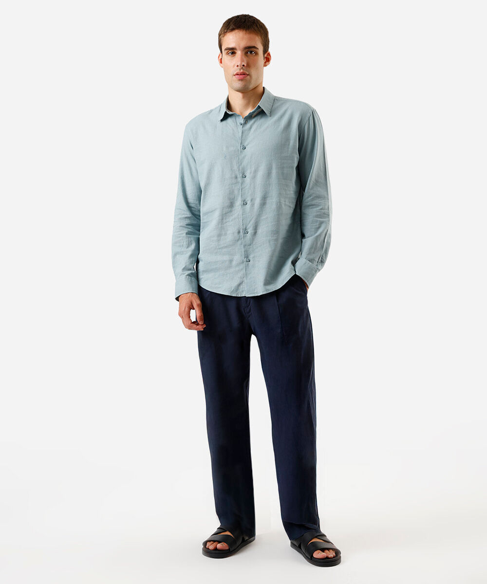 camisa masculina com linho manga longa azul