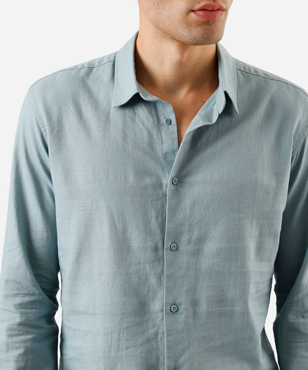 camisa masculina com linho manga longa azul