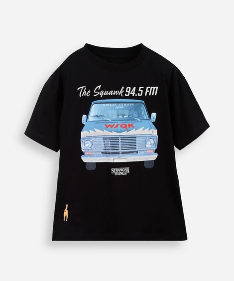 camiseta infantil stranger things estampa rádio squawk preta