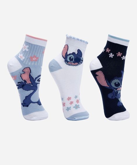 kit de 3 meias cano médio stitch colorido