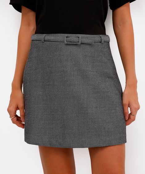 short saia feminino de alfaiataria cintura alta com cinto cinza