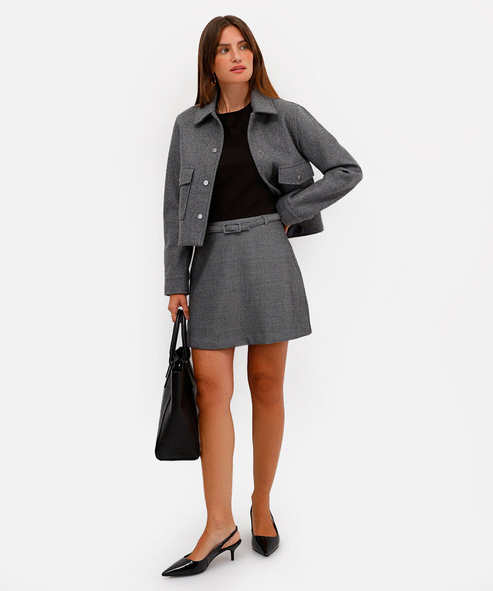 short saia feminino de alfaiataria cintura alta com cinto cinza