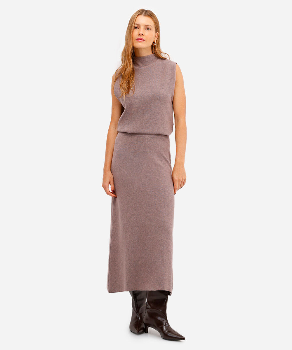 saia midi de tricot canelada cinza