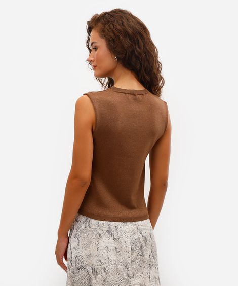 regata feminina de tricot com lurex marrom