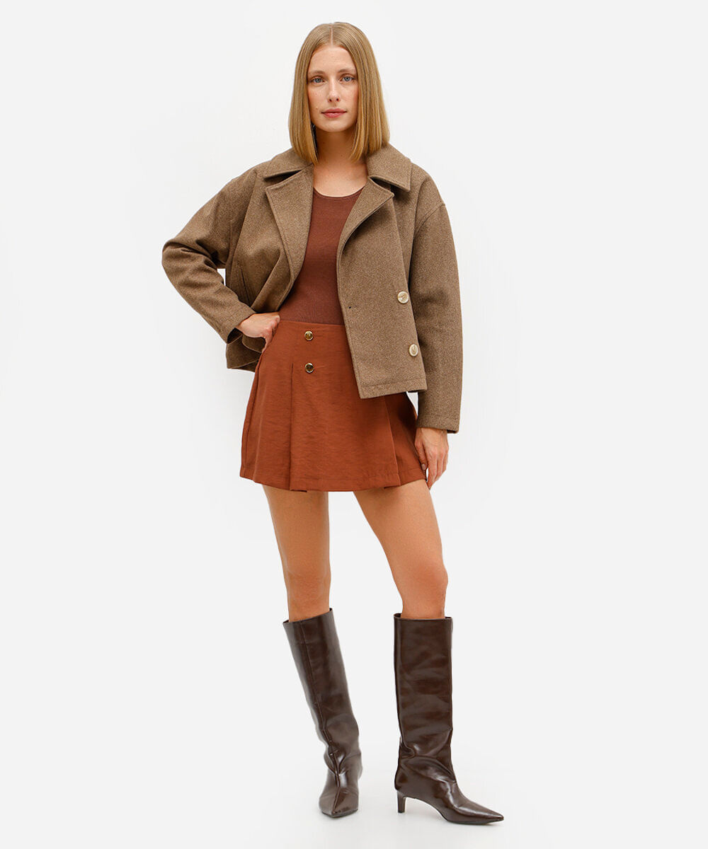 minissaia feminina de viscose com pregas marrom