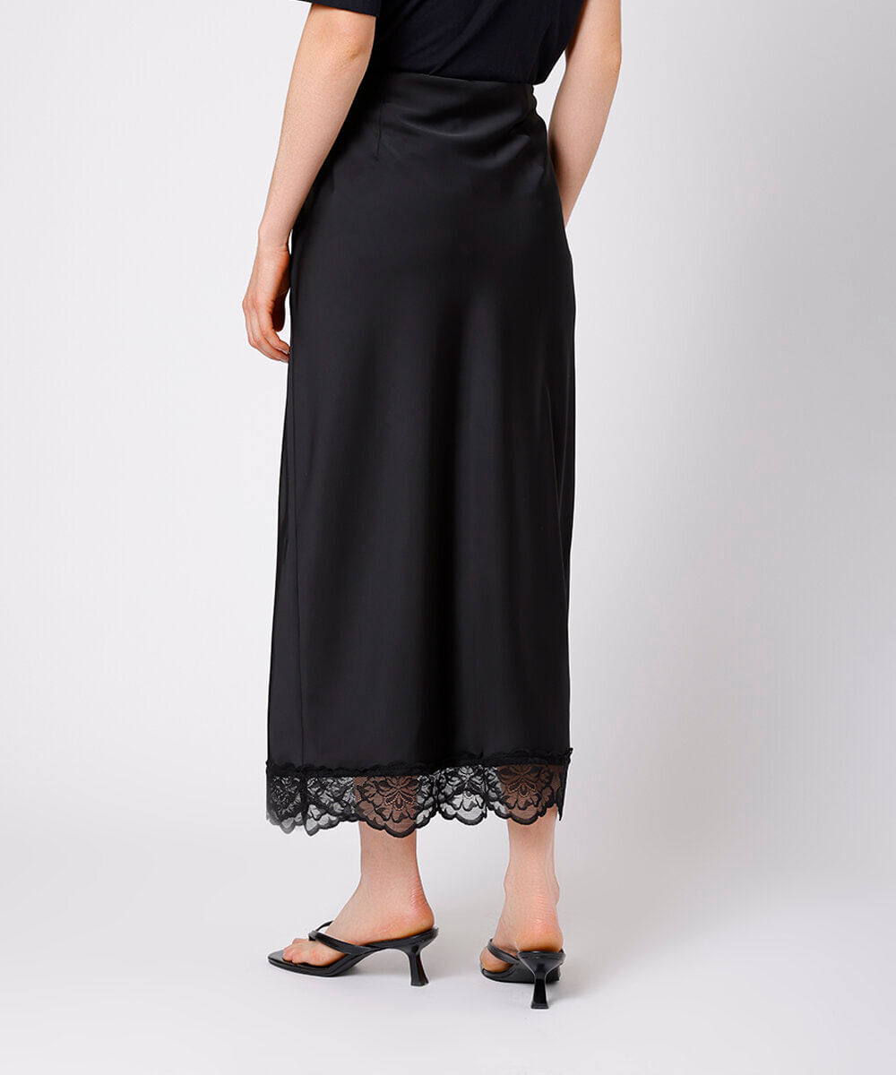 saia midi feminina acetinada com renda mindset preta