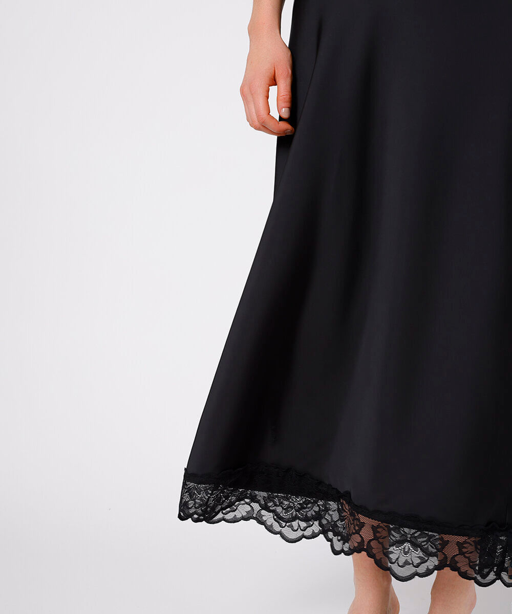 saia midi feminina acetinada com renda mindset preta