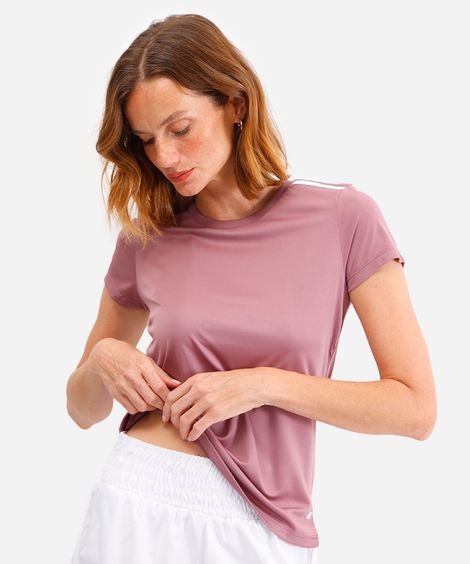 camiseta feminina esportiva manga curta com listras rosa