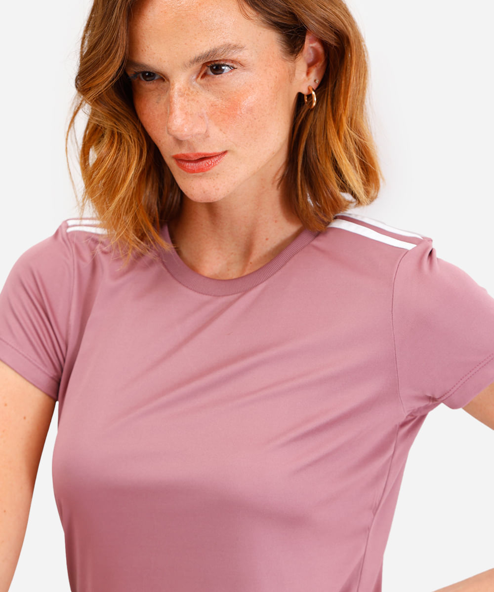 camiseta feminina esportiva ace manga curta com listras rosa