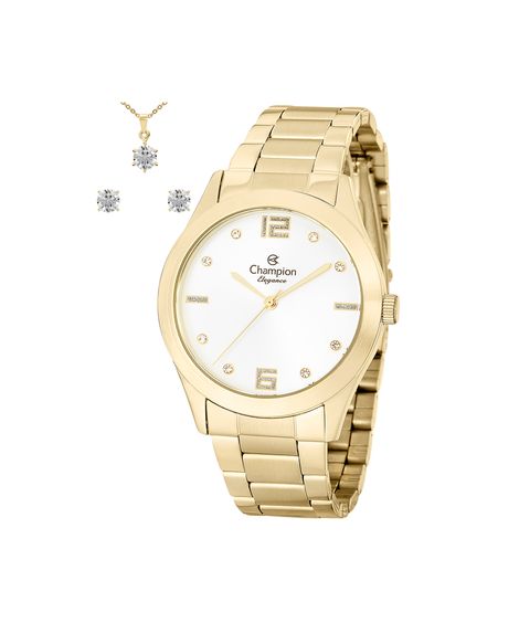 kit relógio feminino champion analógico cn25145w dourado