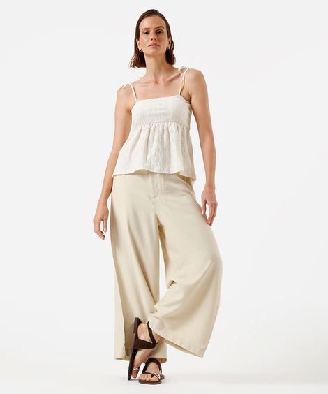 calça cropped feminina com viscose cós elástico texturizada bege