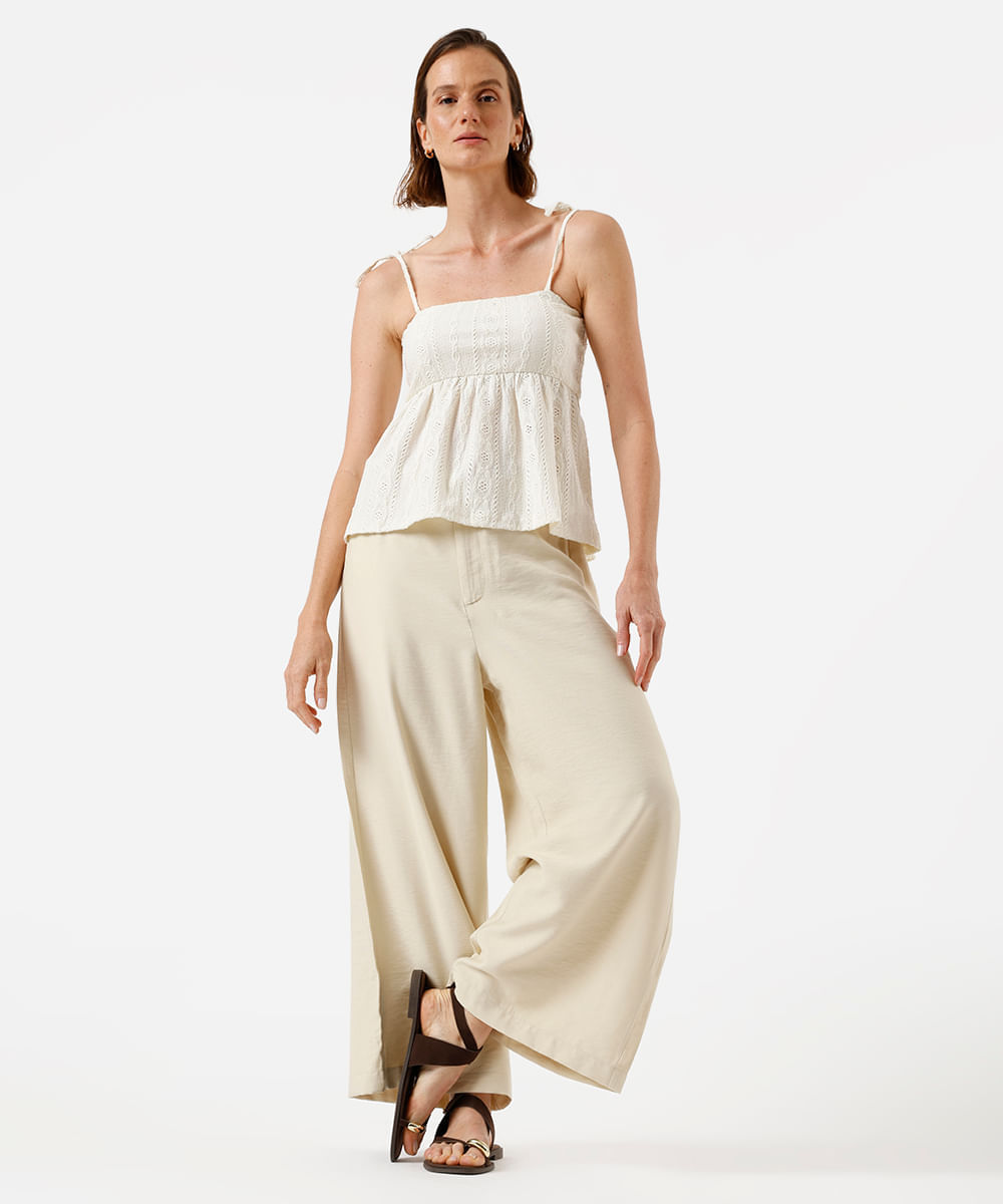 calça cropped feminina com viscose cós elástico texturizada bege