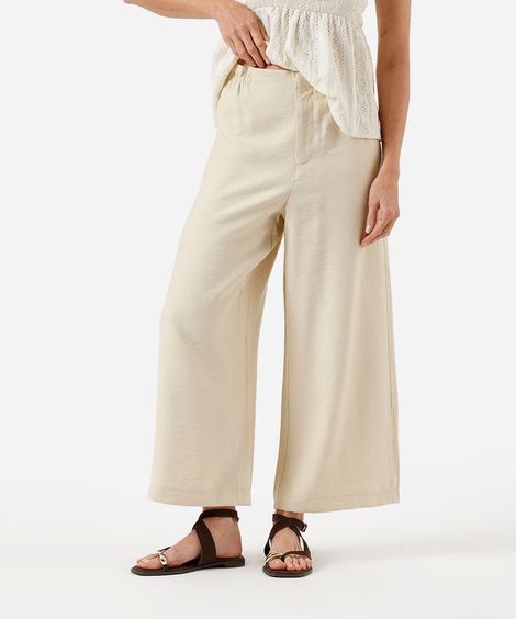 calça cropped feminina com viscose cós elástico texturizada bege