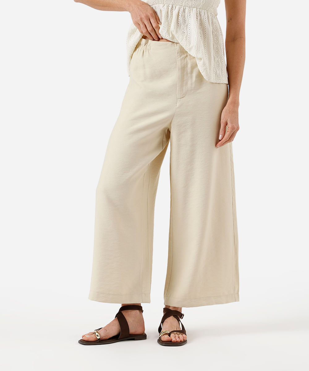 calça cropped feminina com viscose cós elástico texturizada bege