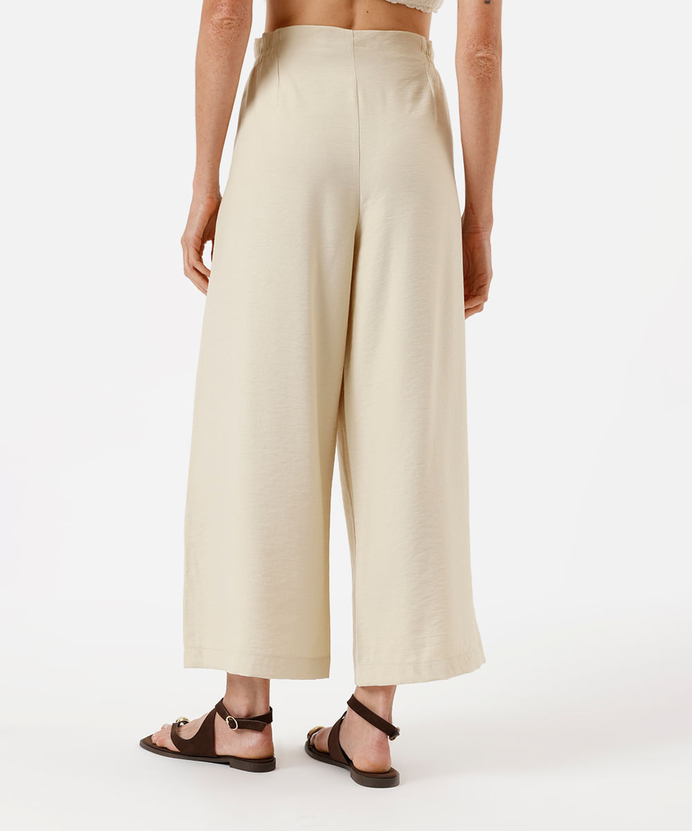 calça cropped feminina com viscose cós elástico texturizada bege