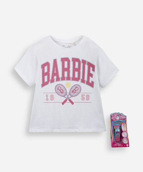 camiseta infantil de algodão barbie com brinde off white