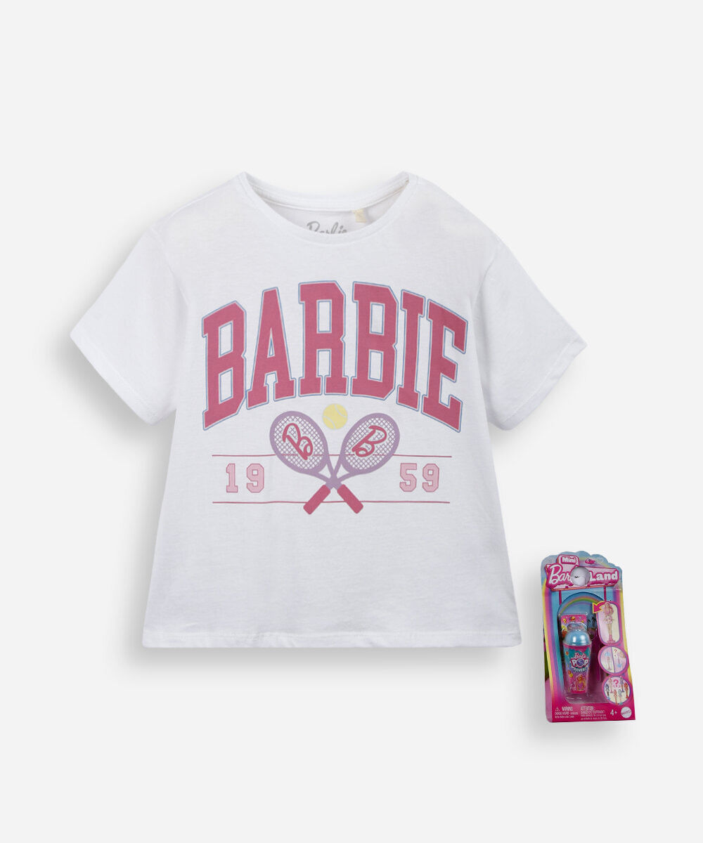 camiseta infantil de algodão barbie com brinde off white