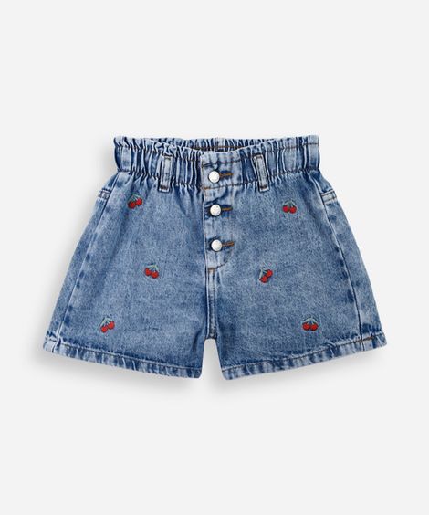 short infantil clochard jeans bordado cereja azul