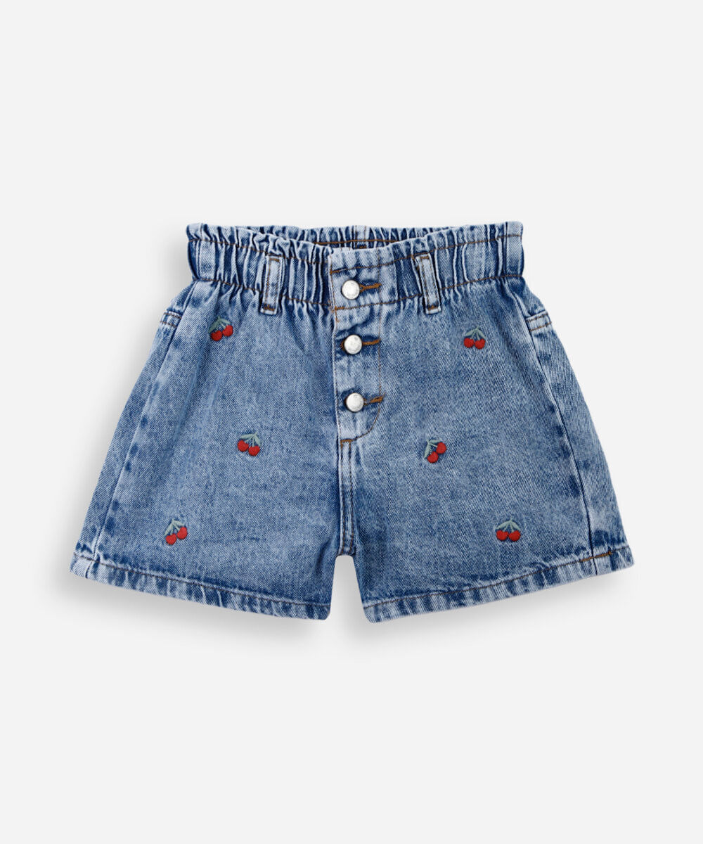 short infantil clochard jeans bordado cereja azul