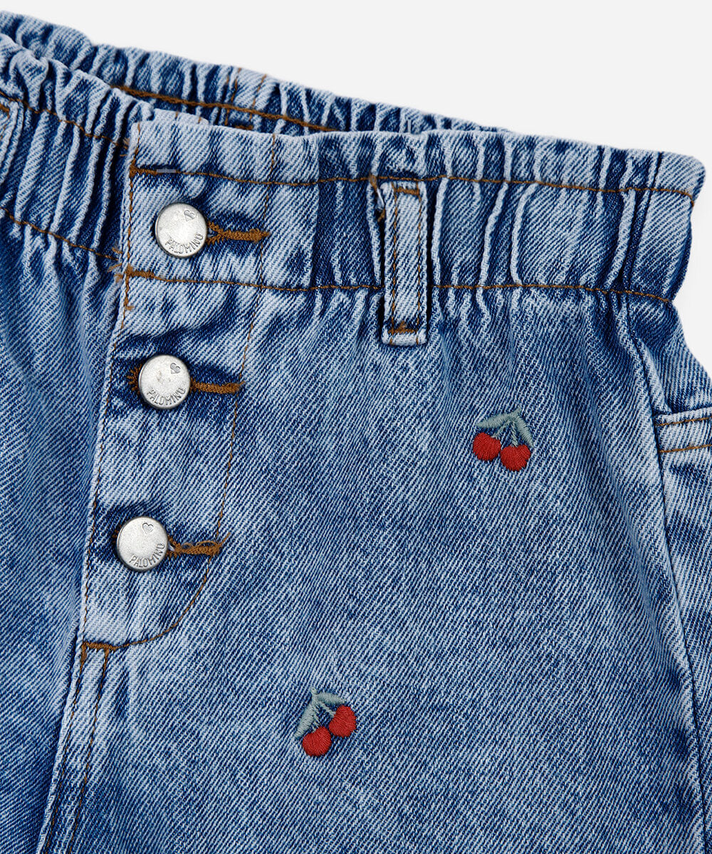 short infantil clochard jeans bordado cereja azul